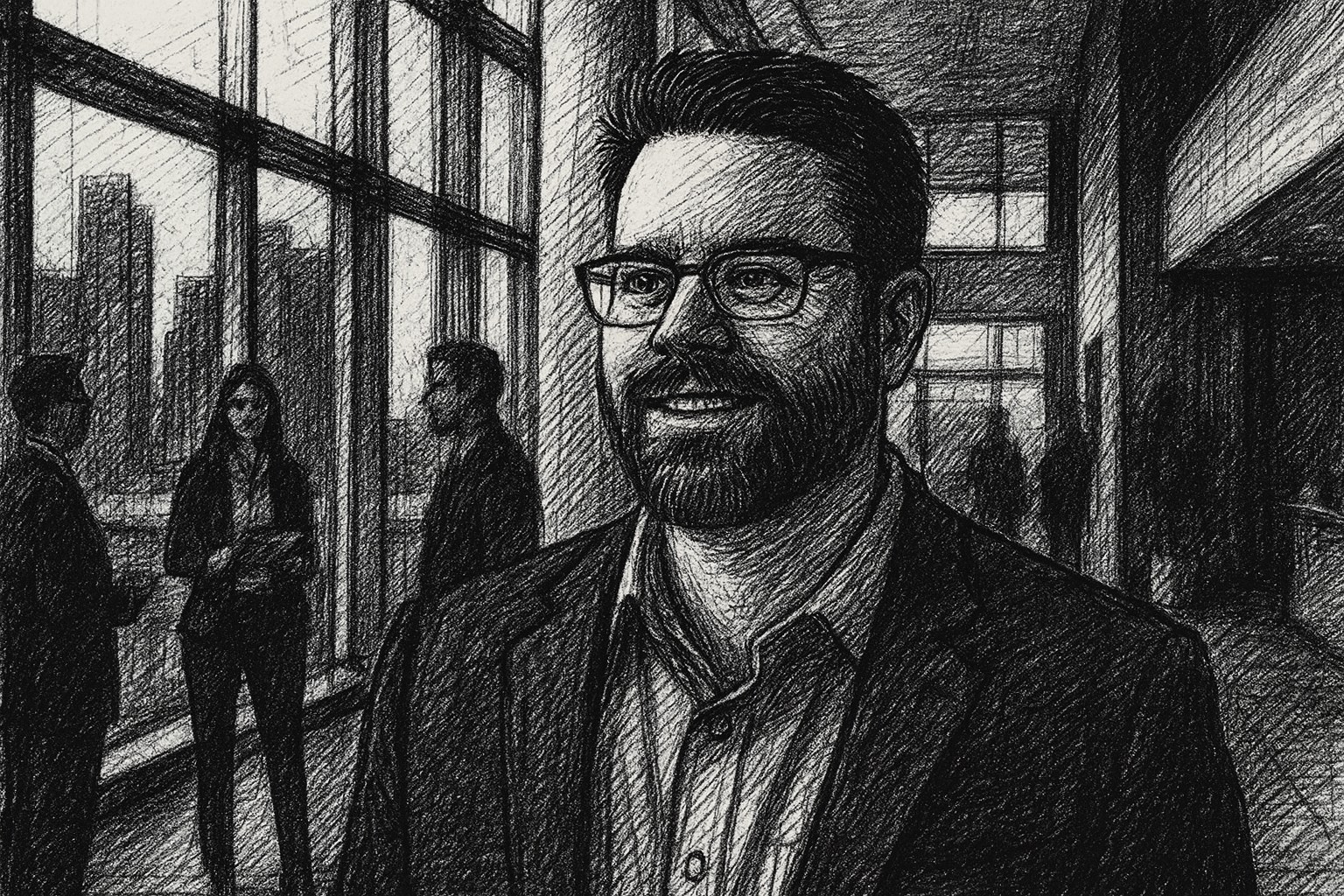 Professional portrait in an office with a winter skyline view